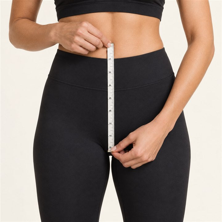 Measuring tape running from the center crotch point to the front waist