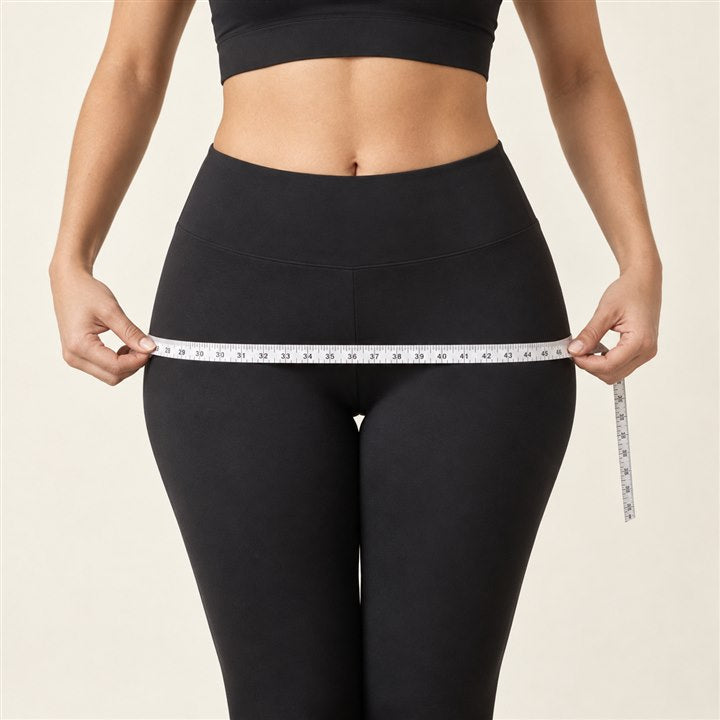 Measuring tape placed level around the fullest point of the hips