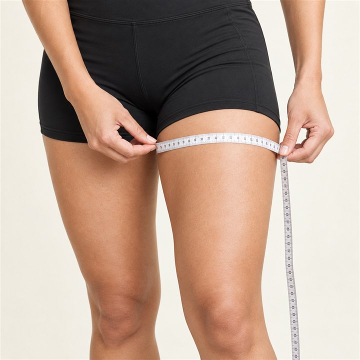 Measuring tape wrapped around the fullest part of the upper thigh