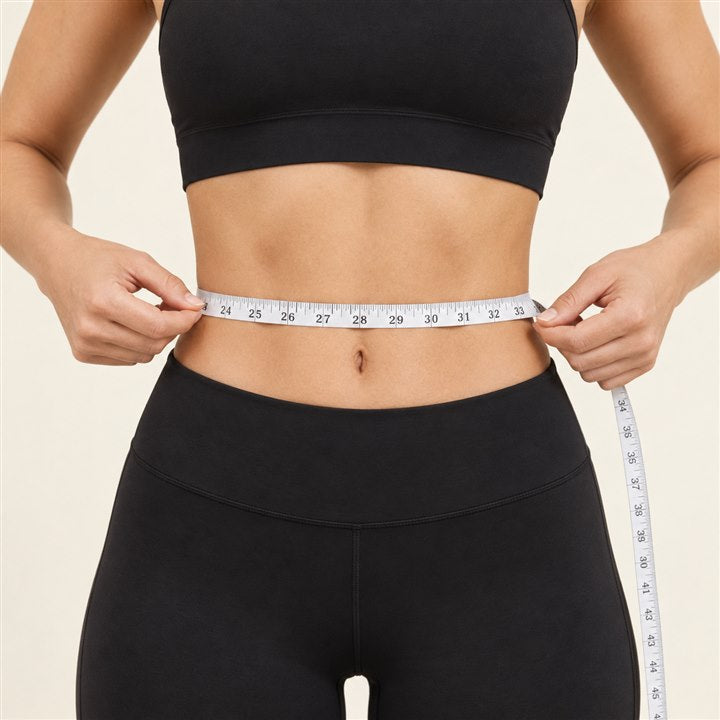 Measuring tape placed level around the natural waist